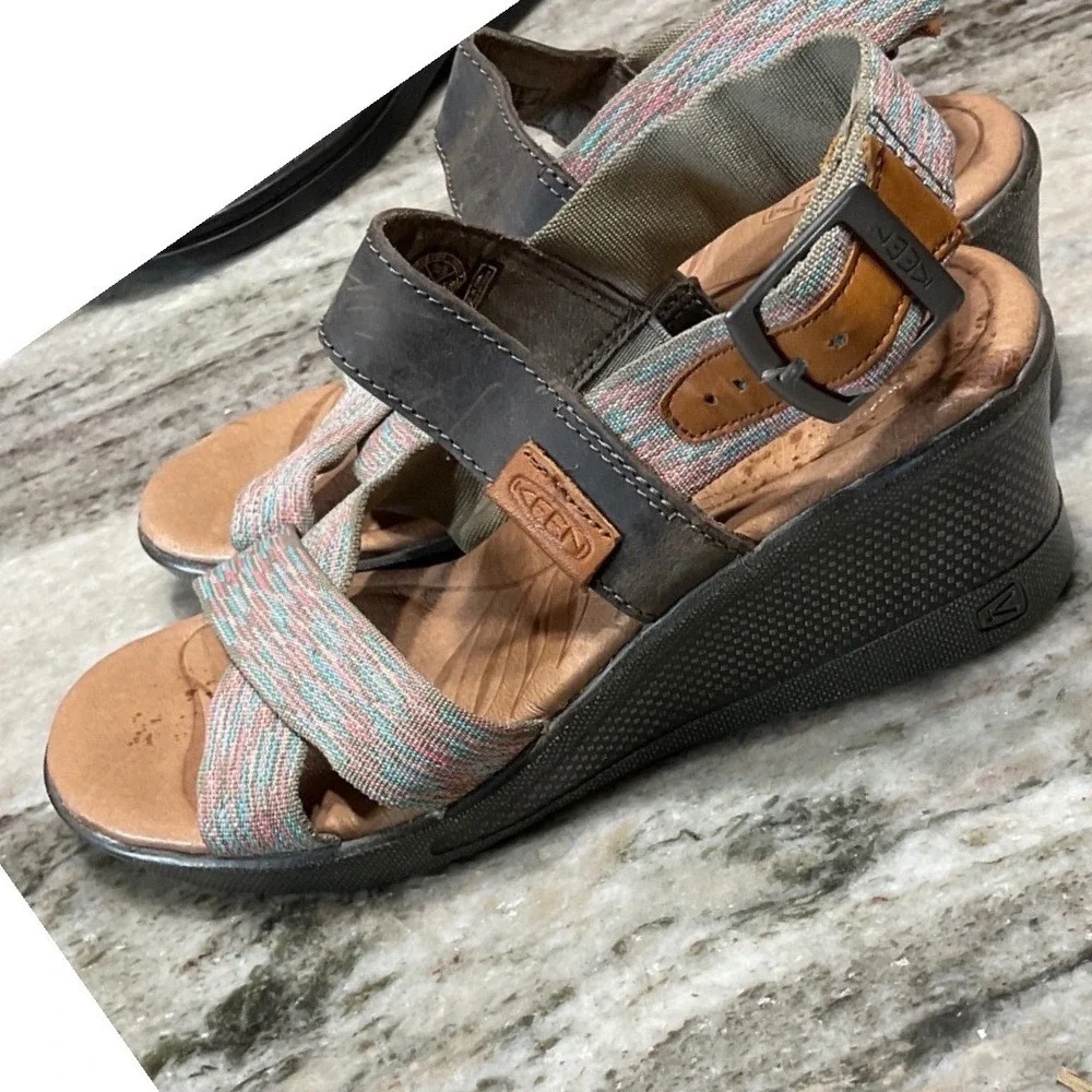 Keen Wedge Sandals Womens 5 Leather Woven Strappy Brown Multicolor Comfort